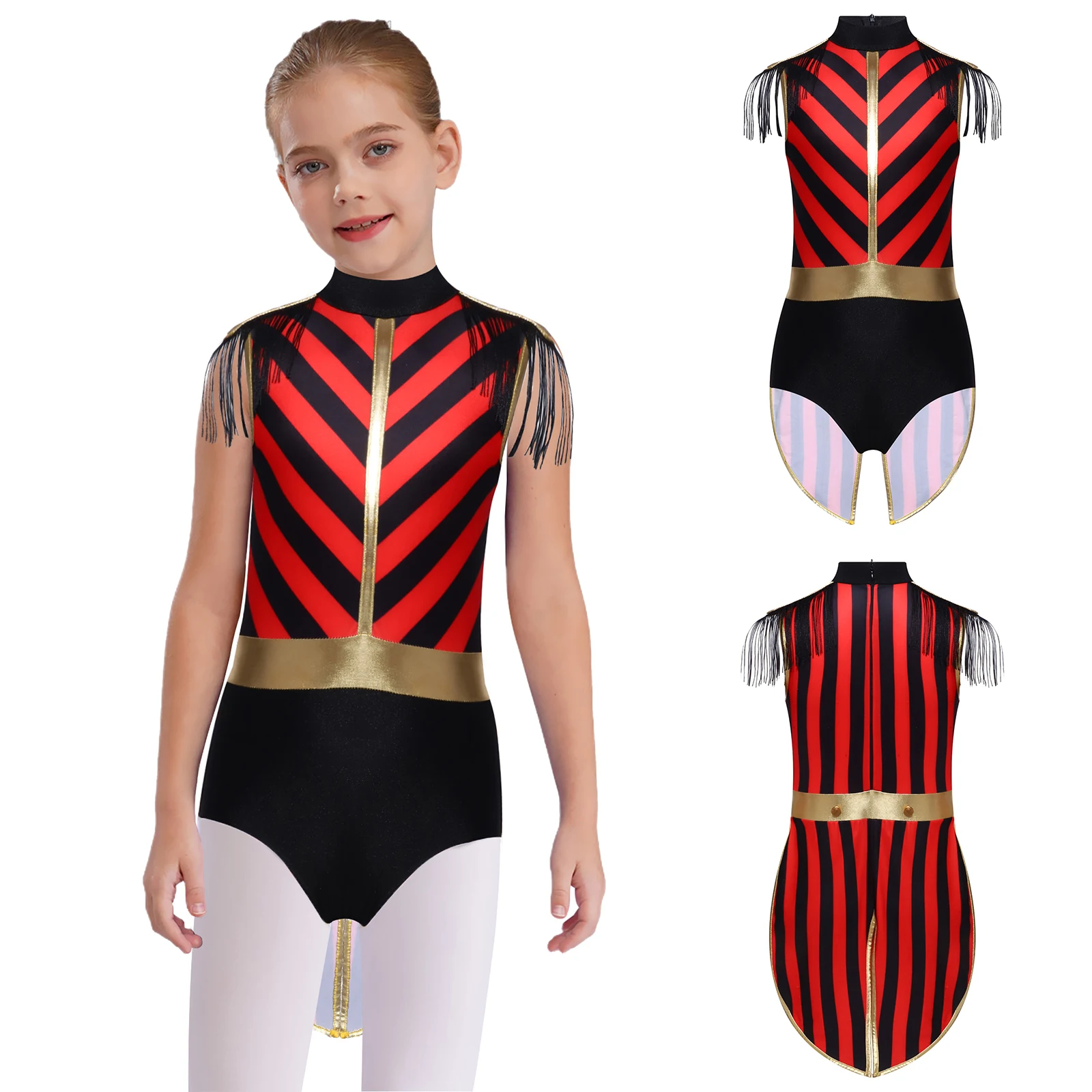

Детский цирковой карнавальный костюм для девочек на Хэллоуин, купальник в полоску с воротником-стойкой, плечо, кисточками и пуговицами, комбинезон, карнавальное платье