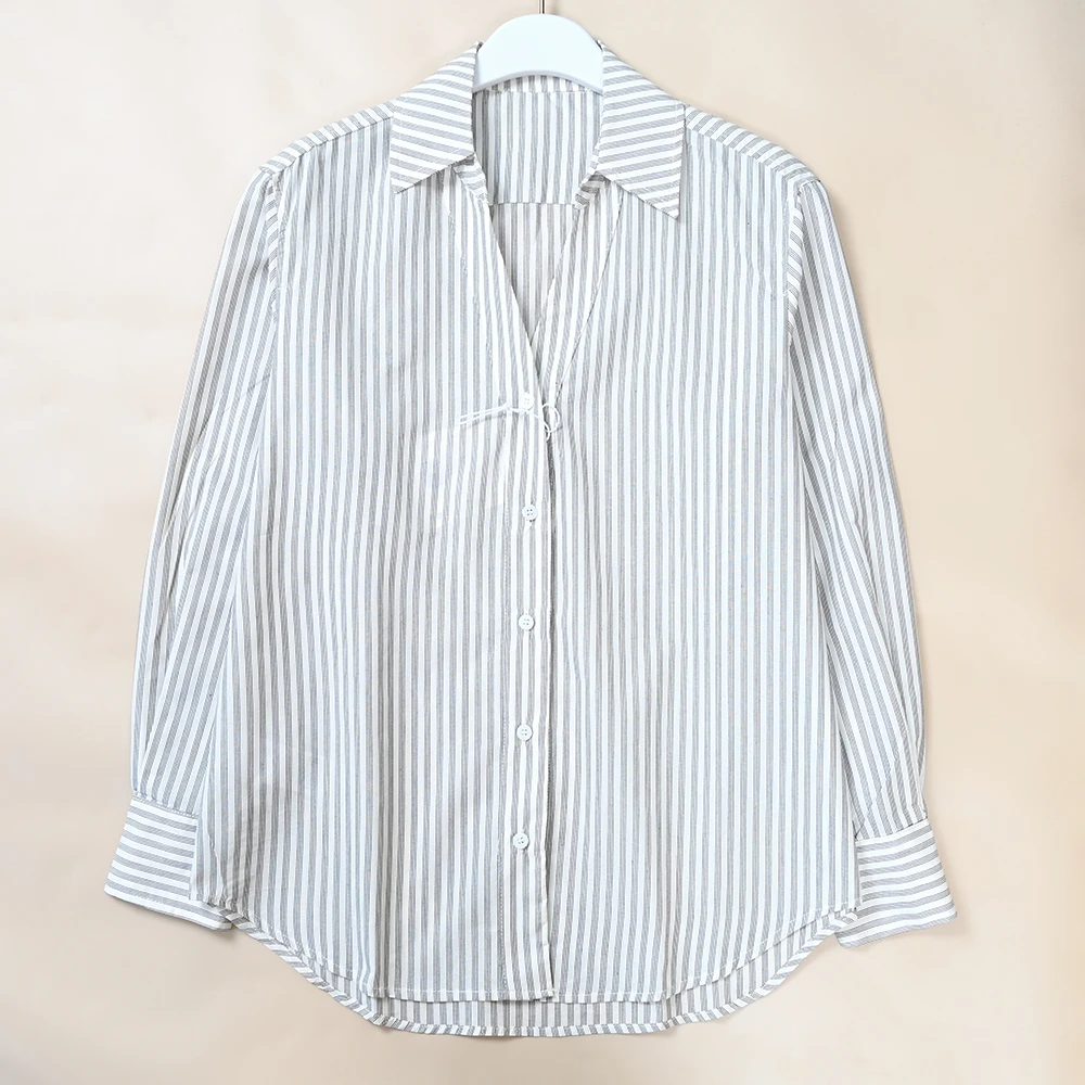 

Spring New Arrival Women's Minimalist V-Neck Loose Casual Striped Long Sleeve Shirt Breathable Cotton Comfortable Skin-Friendly