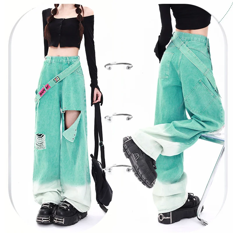 Spring Summer New Ripped Belt Jeans Japanese Hot Girl High Waist Loose Straight Denim Pants Harajuku Hip-hop High Street Wear