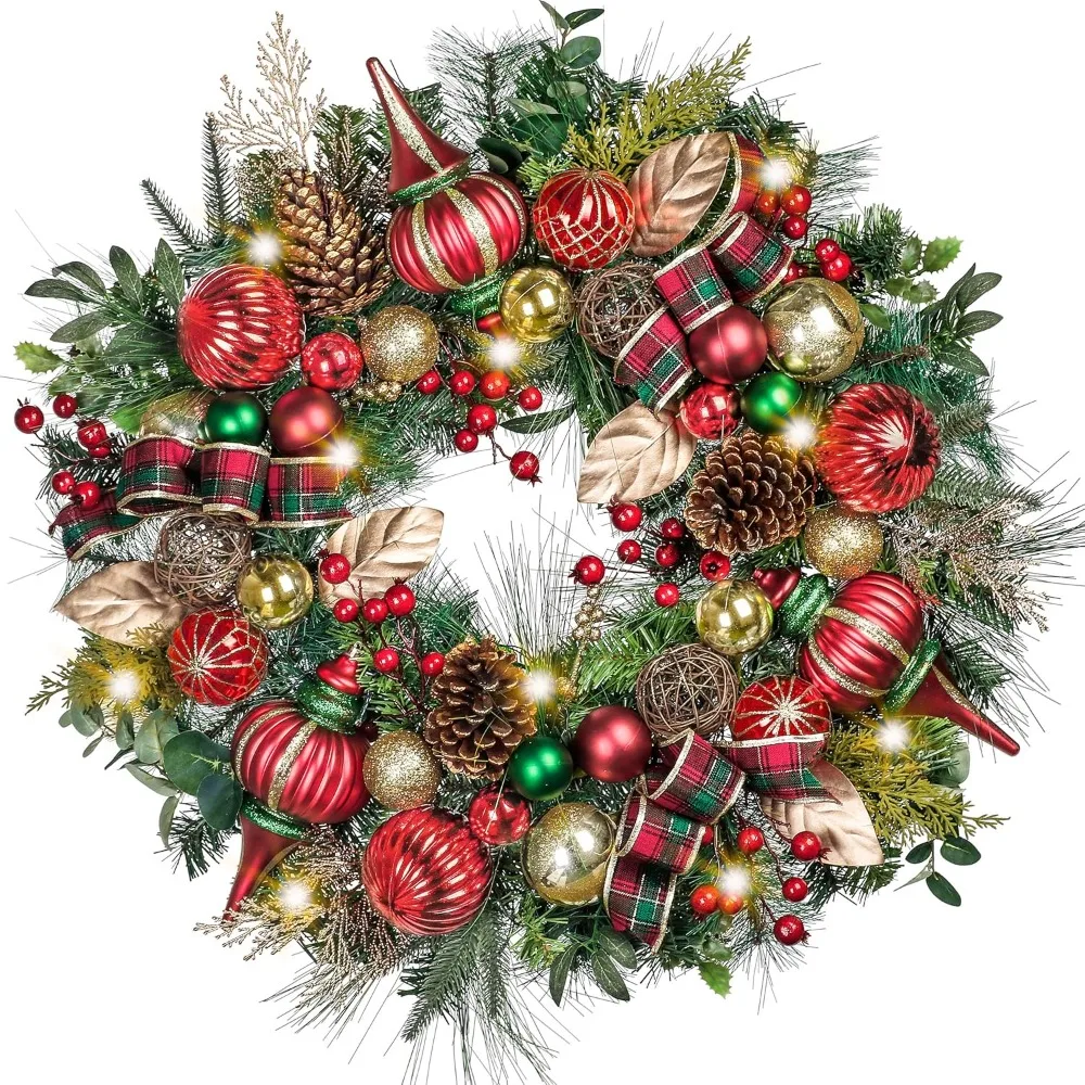 

Pre-Lit Christmas Wreath for Front Door with Lights, 30 Inch Large Lighted Christmas Wreath with Red Green Gold Xmas Ball Ribbon