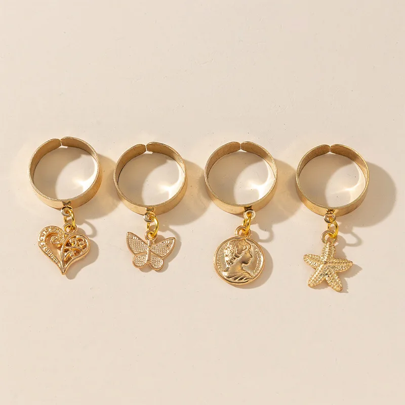 European and American hip hop cold style ring gold personality four-piece Internet celebrity ring irregular chain index finger r
