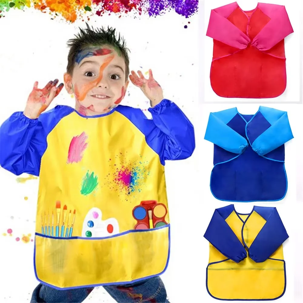 Kids Long Sleeve Waterproof Art Smock Apron with 3 Pockets, Toddler Artist Bib Cover Up for Boys Girls Drawing, Baking, Cooking