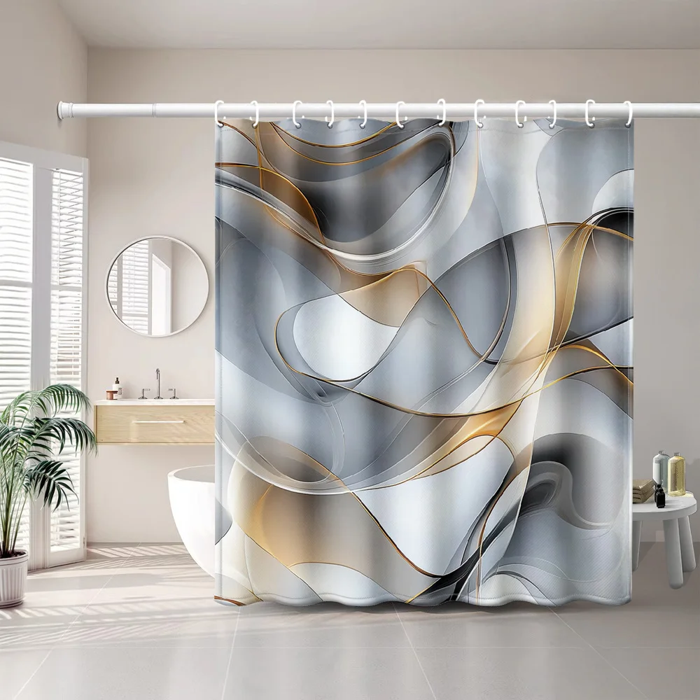 1pc Modern Art Gray and Golden Flowing Lines Print Shower Curtain, Minimalist Art Style Bathroom Home Decor with Plastic Hooks,