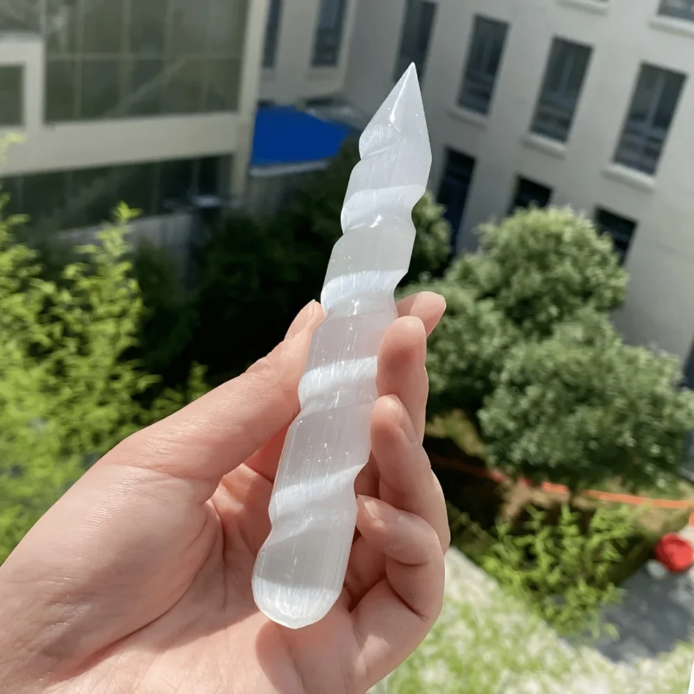 1pc 15cm natural Selenite spiral stick, yoga meditation, feng shui, white plaster massage stick,crystal wand,best crystal gift