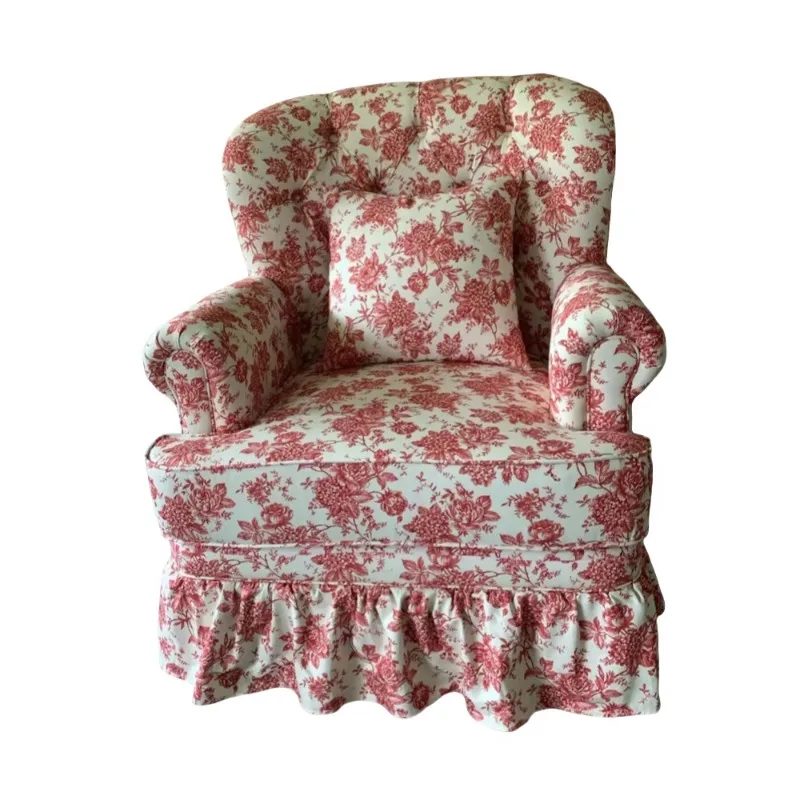 French retro red floral single sofa chair American pastoral living room high back chair skirt lace fabric sofa