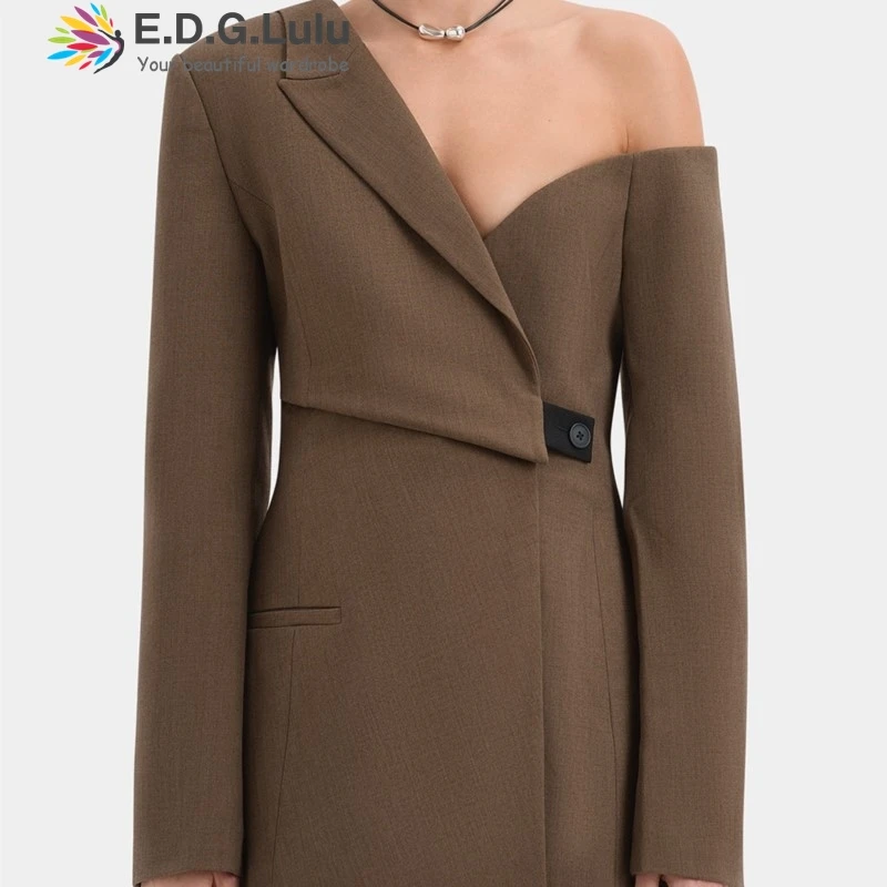 

EDGLuLu 2025 Новый модный асимметричный пиджак на одной пуговице с наклонными плечами, женский элегантный офисный пиджак на одной пуговице 0722