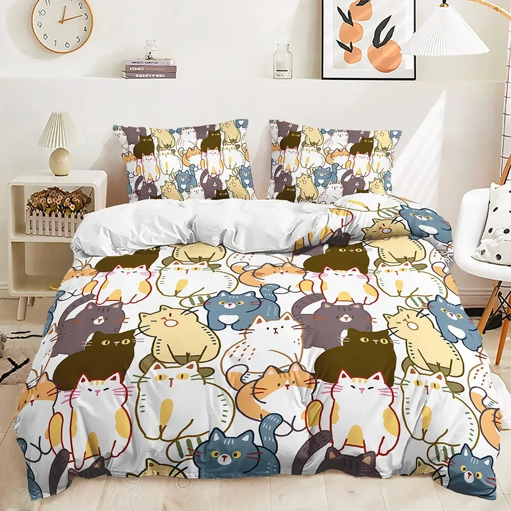 

Cute Cartoon Cat Bedding Set Soft Microfiber Bed Linen with Pillowcases Queen King Single Size Animals 135x200cm Duvet Cover Set