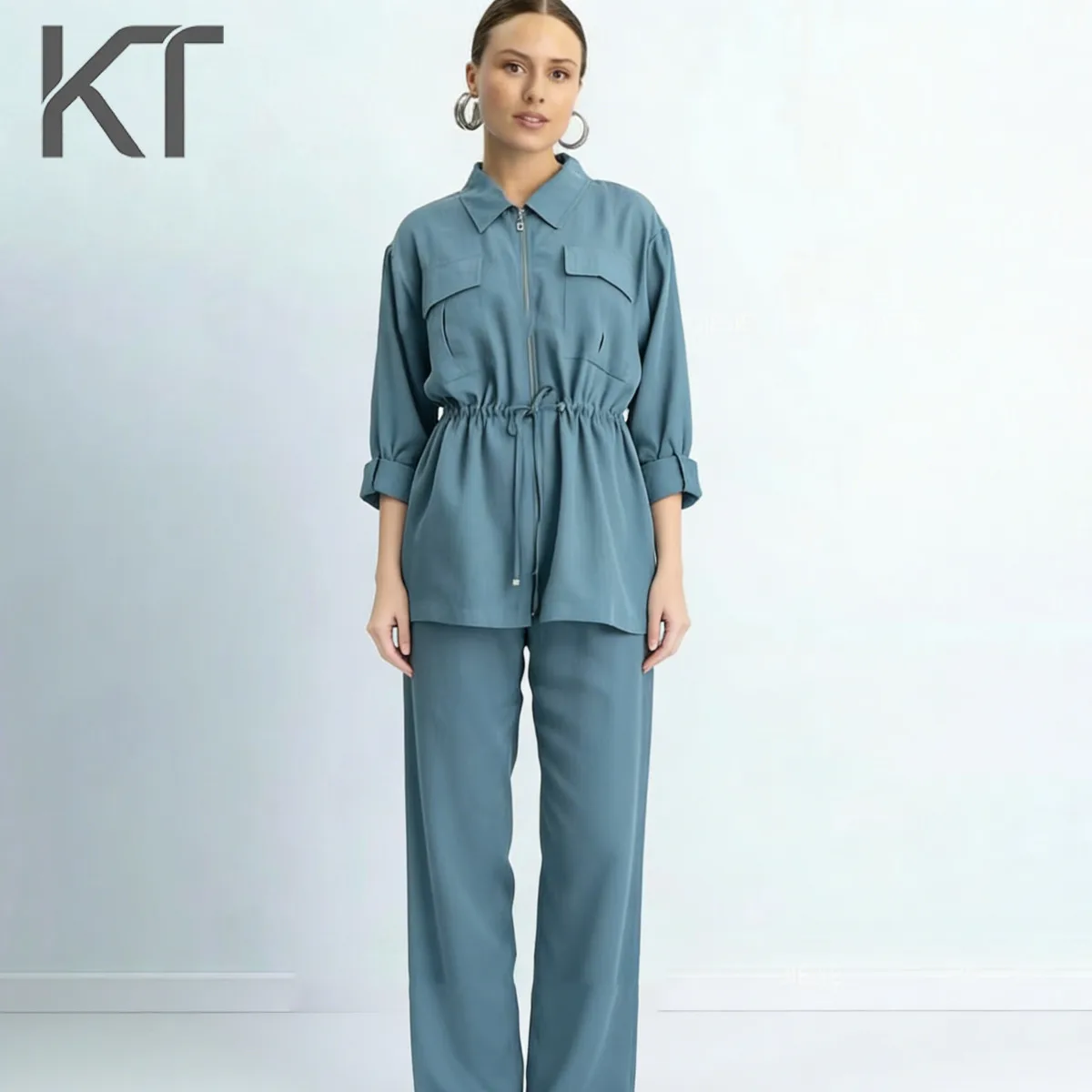 

KT Elegant Casual Zipper Front Two Piece Set For Women Drawstring Waist Loose Shirt & Harem Pants Daily & Travel Outfits