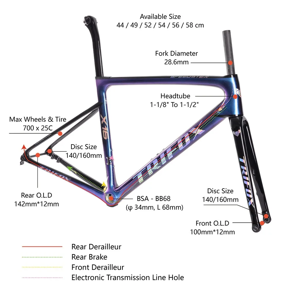 TRIFOX X16 Ultralight Carbon Road Bike Frame Racing Bicycle Frameset Disc Brake 142*12 Thru Axle 44 / 49 / 52 / 54 / 56 / 58cm