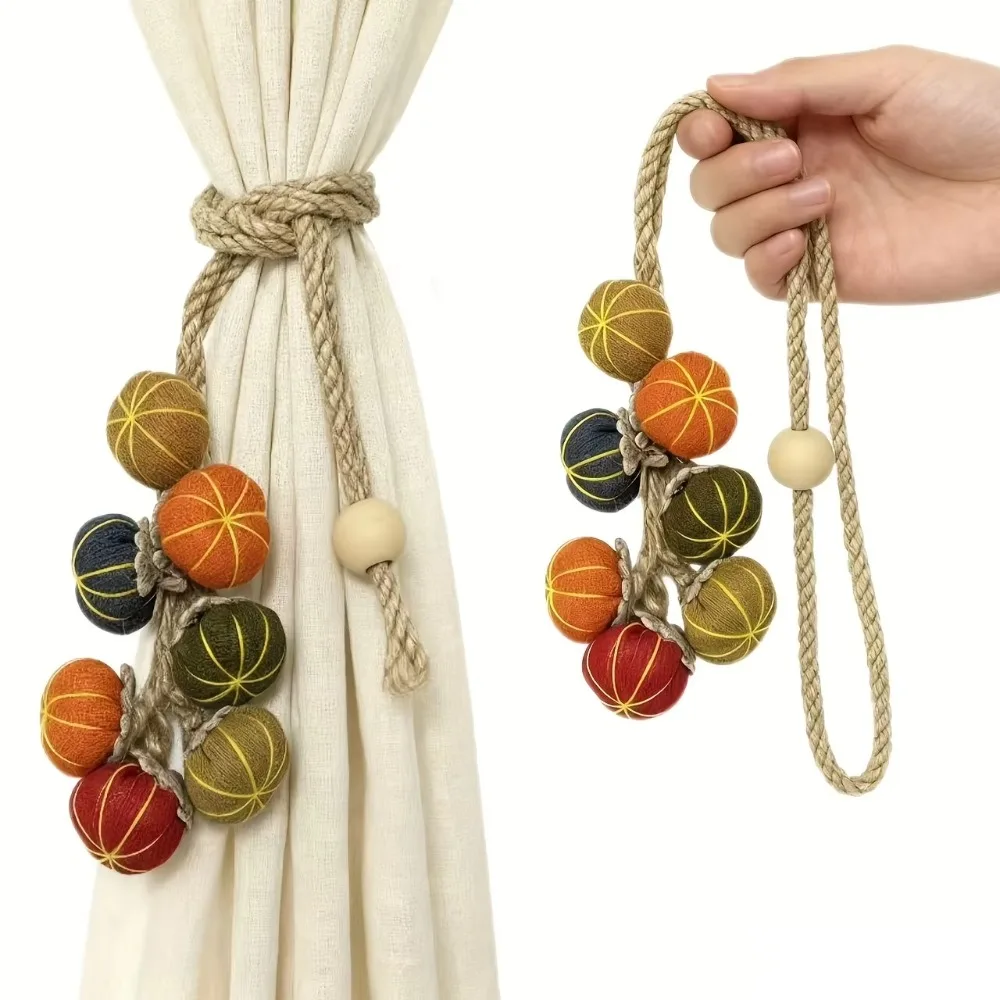 2PCS Cute Curtain Tieback Fabric Pumpkin String Hemp Rope Pendant Gauze Curtain Holder Buckle Home Window Decor
