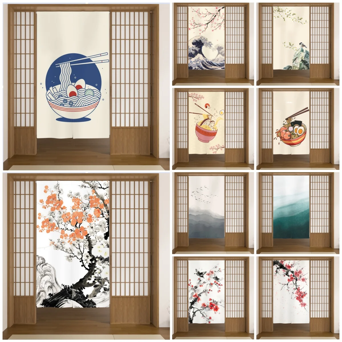 Cortinas de Porta de Linho com Estampa de Ondas de Ramen Japonês e Flor de Cerejeira, Divisória para Sala de Jantar, Cortina para Entrada de Cozinha