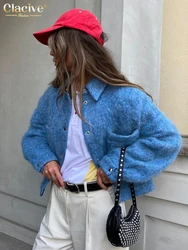 Clacive Casual Loose Blue Office Women's Coats 2024 Fashion Lapel Long Sleeve Jacket Elegant Classic Pocket Top Female Clothing