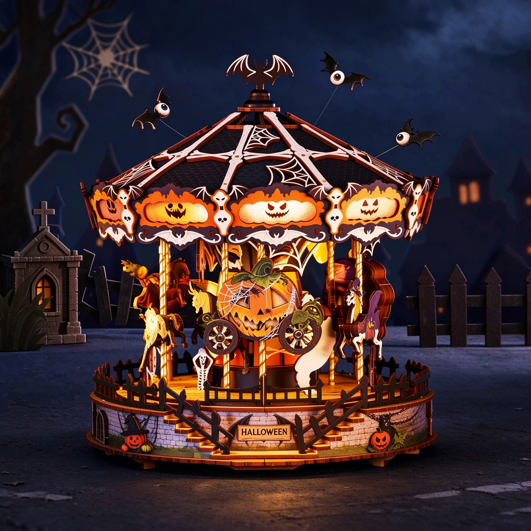 Creative Halloween Spooky Carousel 3D Wooden Puzzle Music Box DIY Building Kit with LED Light Craft Gift Home Decor