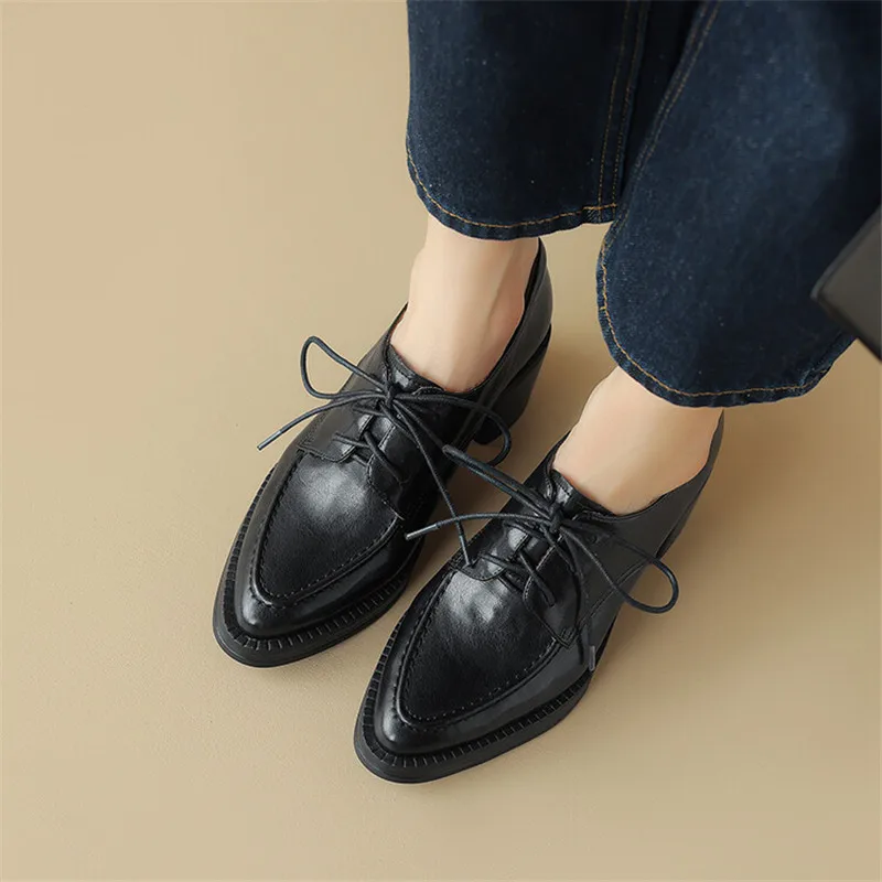 New Spring Pleated Cowhide Loafers Woman Shoes Chunky Heels Pointed Toe High Heels Shoes for Women Lace Women Pumps Zaptos Mujer