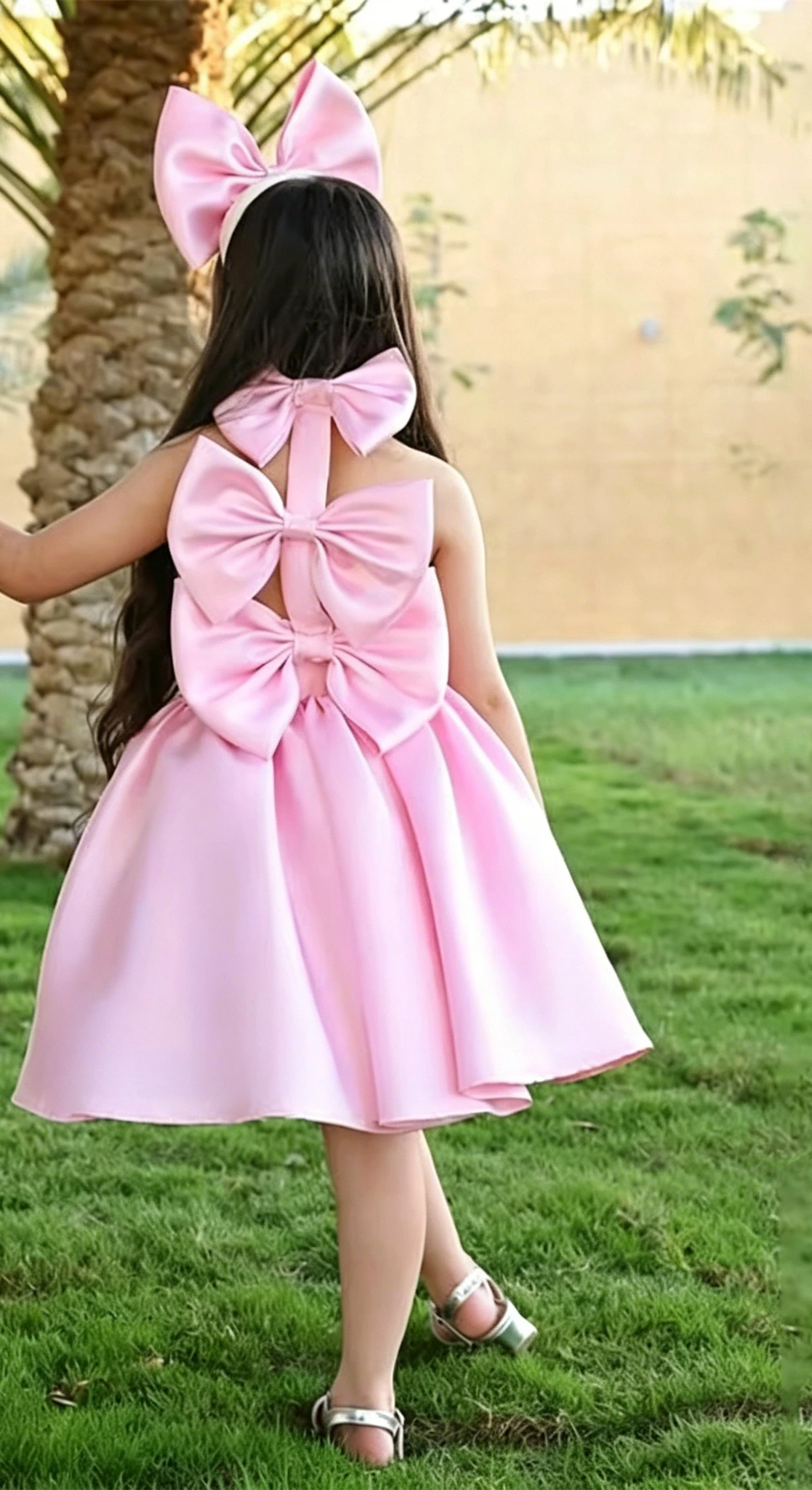 Customized Pink Flower Girl Dress for Wedding Bow Sleeveless Satin Knee Length Cute Kids Birthday Party First Communion Gown