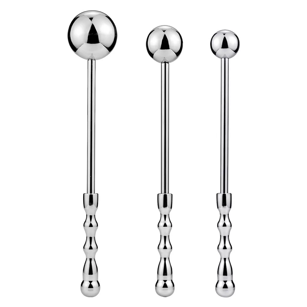 Metal Butt Plug Anal Dilator Wand for Men and Women, Dual End Prostate Massager Toy, 3 Ball Sizes, Smooth Long Handle, Temp Play