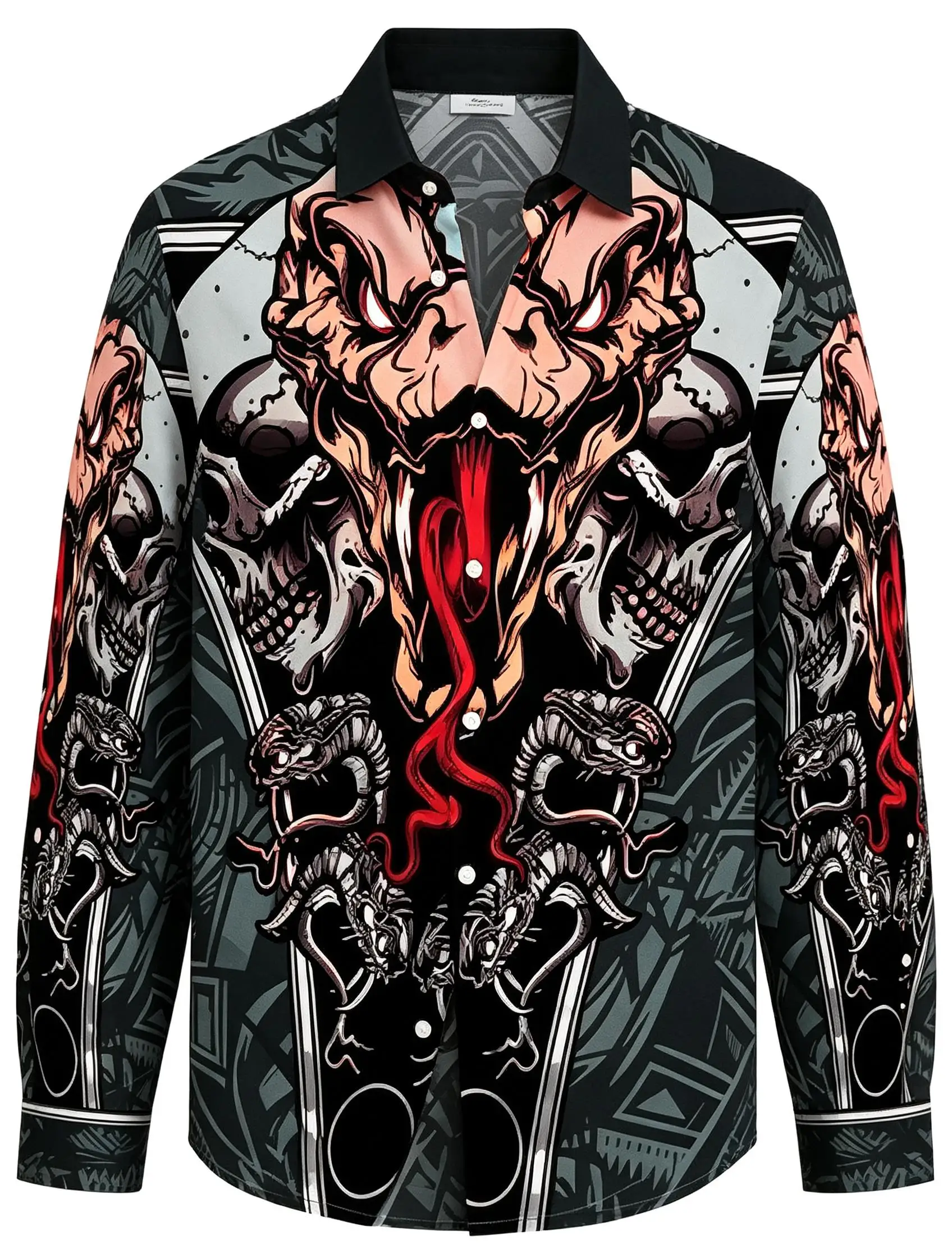 Men Long-Sleeve Button-Down Shirt Black Cyan Snake Skull Print Polyester Lapel Collar Party Top