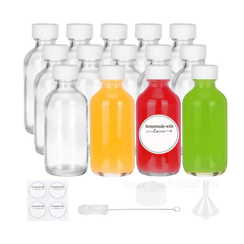 2oz Small Clear Glass Bottles with Lids for Liquids, Tiny Short Jars with White Caps Mini Glass Juice Bottles for Potion, Ginger