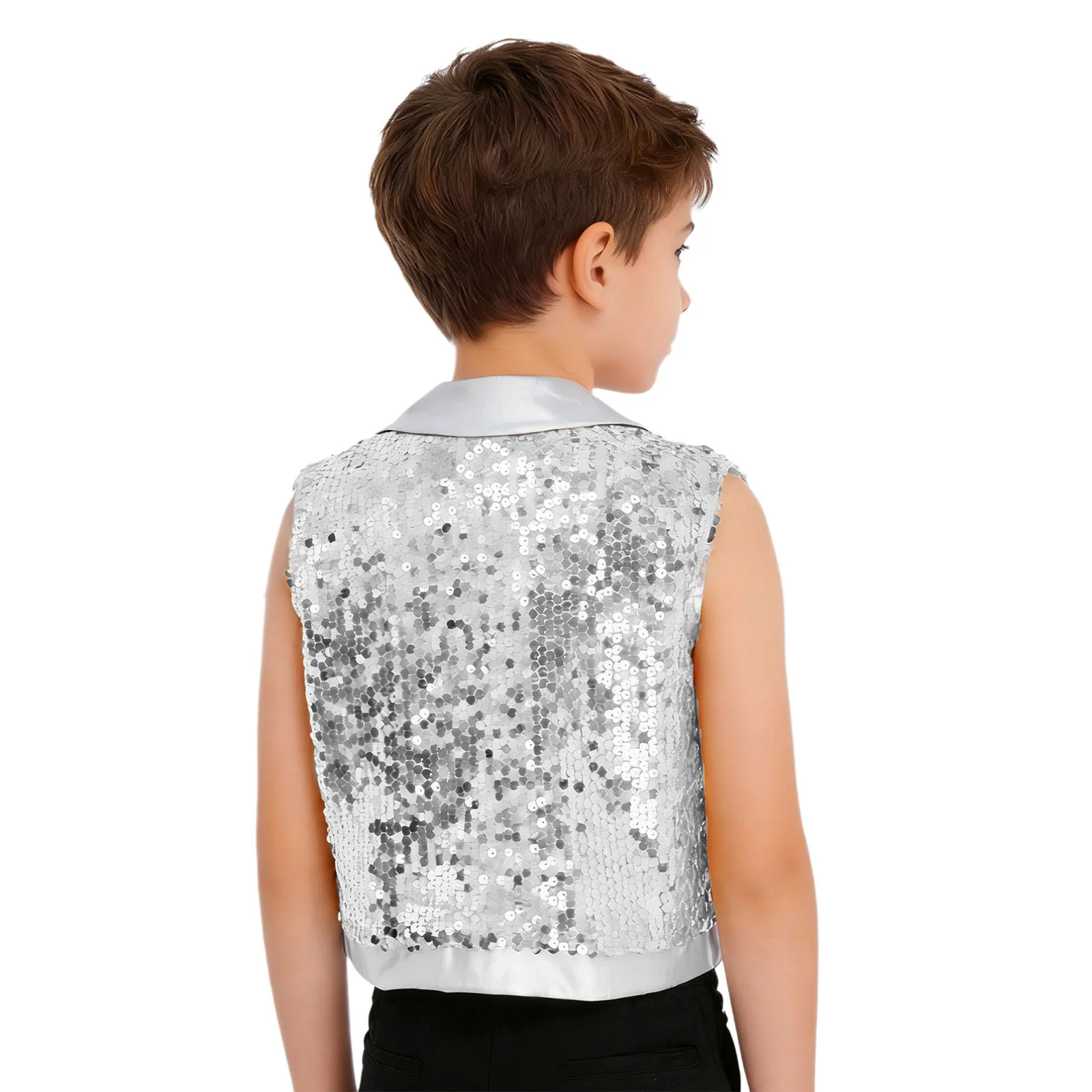 Kids Boys Rhythmic Jazz Hip Hop Dance Costume Tassel Sparkling Sequin Vest Contrast Color Lapel Collar Sleeveless Tops Dancewear