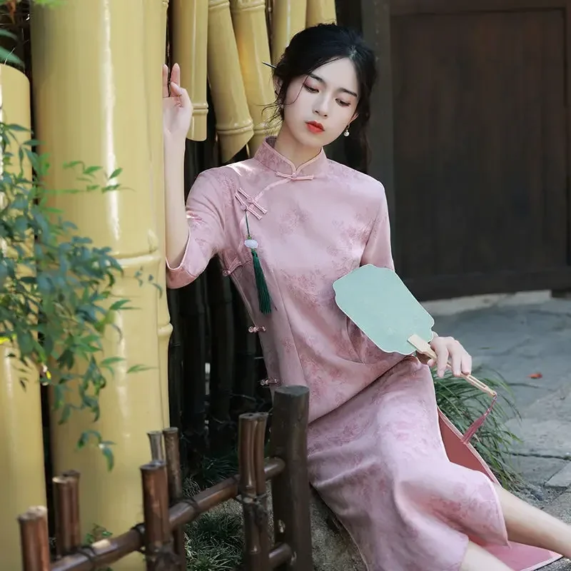 

Pink Improved High-end Cheongsam Autumn Long Style 2021 New High-end Retro Elegant Young Style Long-sleeved Autumn Style