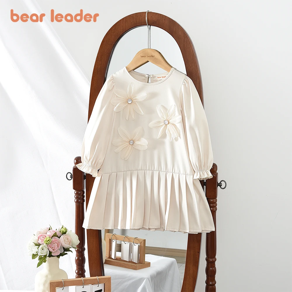 

Bear Leader, бежевое плиссированное платье принцессы с 3D цветочным принтом и подолом, осенние модные однотонные платья с длинными рукавами для девочек