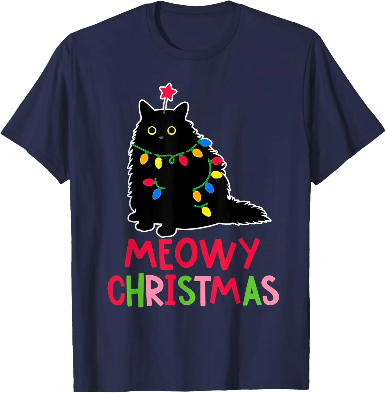 New Style Lovely Kawaii Meowy Christmas Xmas Lights Black Cat Pajamas Family Funny Men Women High Quality Cotton T-Shirt
