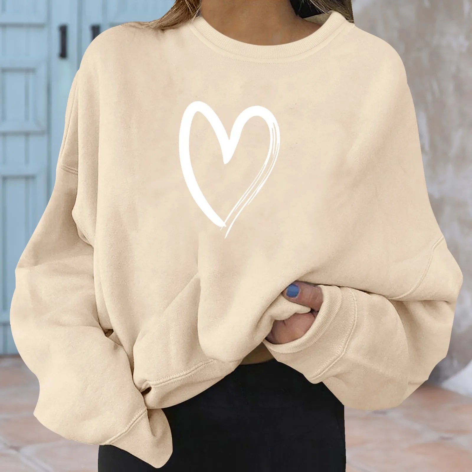 

Valentine'S Day Sweatshirt Heart Print Long Sleeve O-Neck Hoodies Casual Pullovers Top Loose Sweatshirt Ropa De Mujer