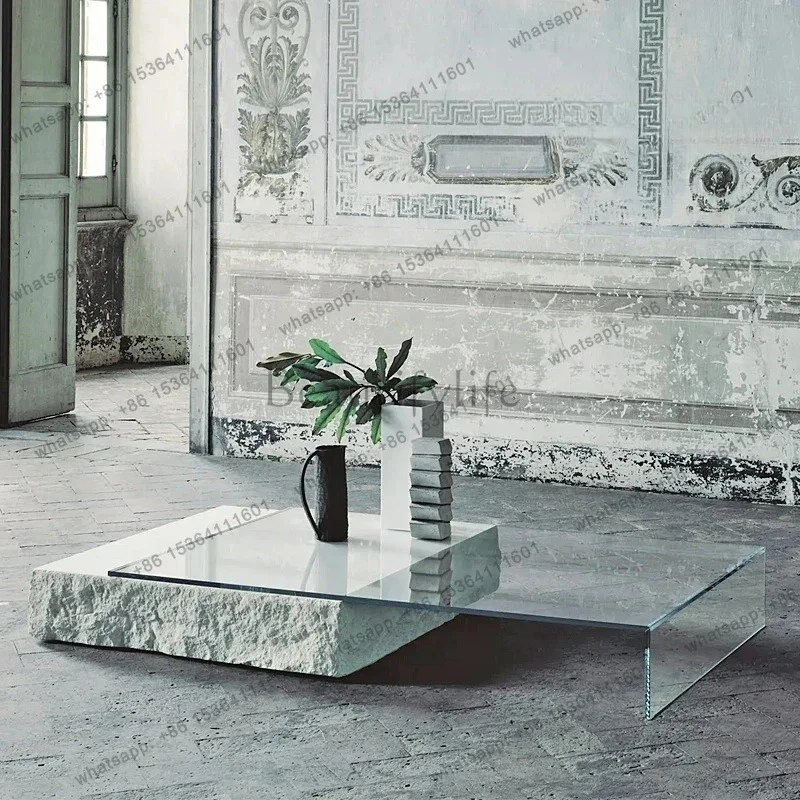 LD Nordic Natural Travertine Living Room Glass Coffee Table Artistic Sense Creative Design Simple Marble Tea Table