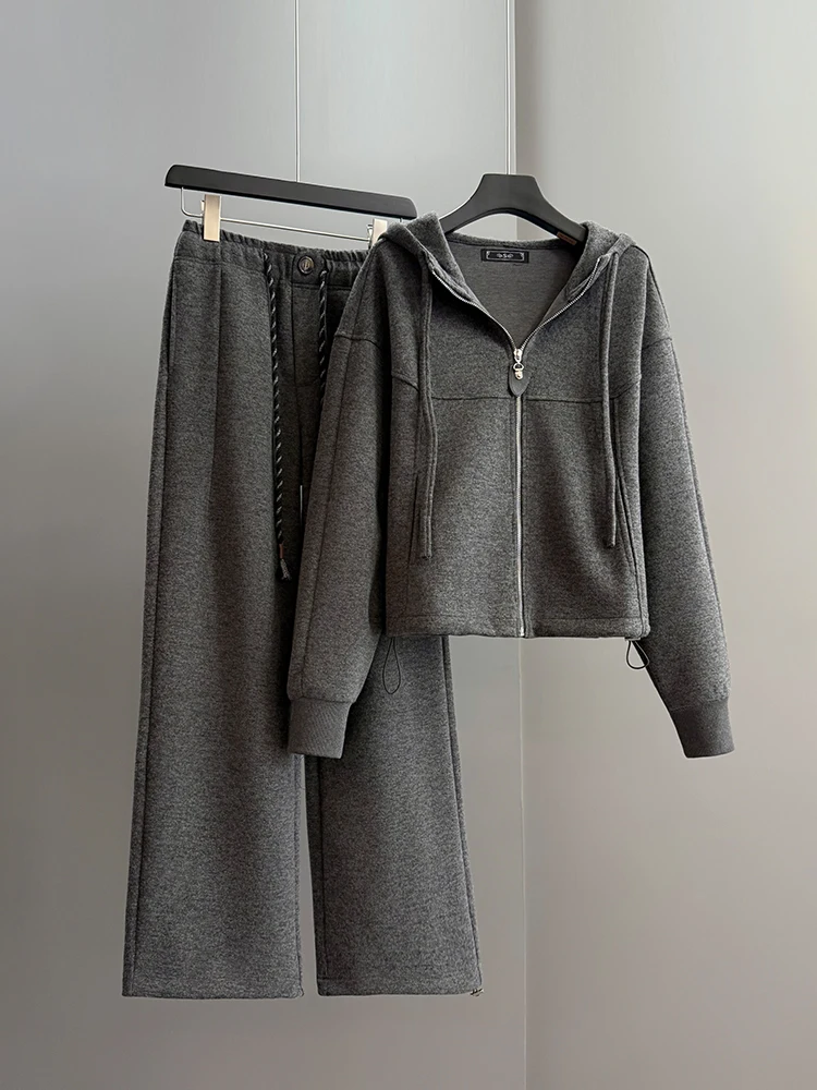

Grey Casual Sportswear Set Women's Fashion Anti-Aging Outerwear Top Wide Leg Pants Two-Piece Set Winter New Arrival