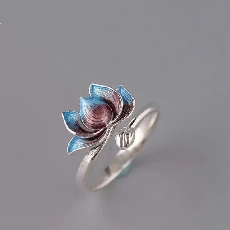 Anel aberto de lótus azul vintage, anel aberto para mulheres e homens, cor prata, liga de metal, anéis femininos, festa de aniversário, joias, presentes