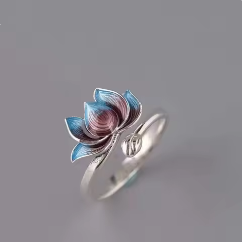 Vintage Blue Blooming Lotus Open Ring For Women Men Fashion Silver Color Alloy Metal Female Rings Party Birthday Jewelry Gifts
