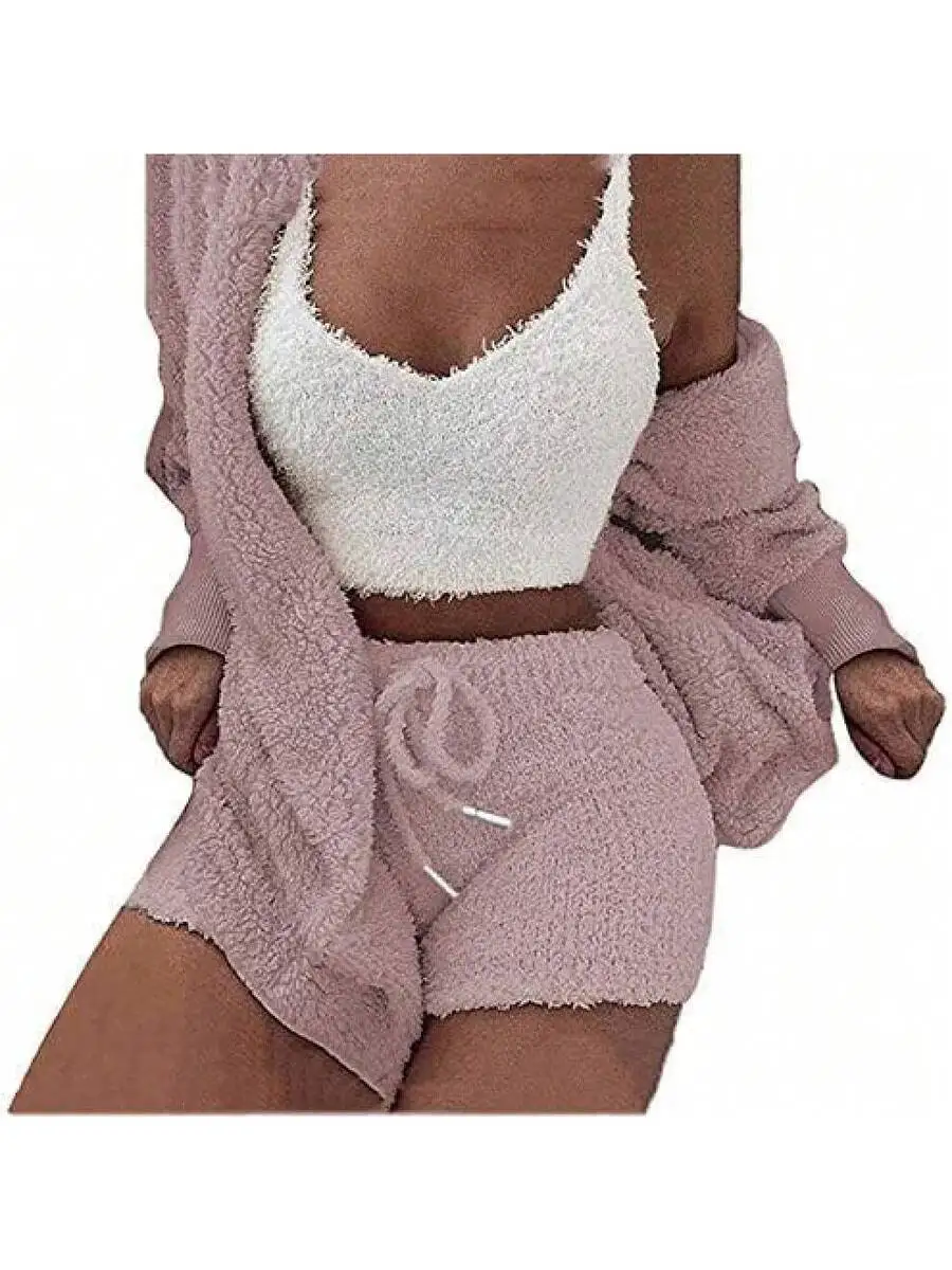Women Fuzzy 3 Piece Pajama Set: Hooded Cardigan, Sleeveless Crop Top, Drawstring Shorts