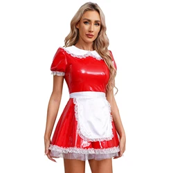 Women Maid Outfit Lolita Cosplay Costume Sweet Kawaii Cafe Cosplay Uniform Apron Maid Dress Cute Patent Leather Outfits Clothing