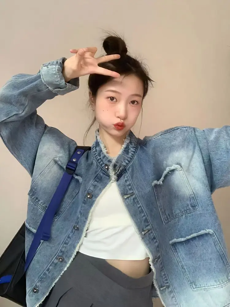 

Женские куртки большого размера, женская осенняя одежда, джинсовая стираная винтажная синяя пуговица, передний карман, простой стиль, женская чистая одежда