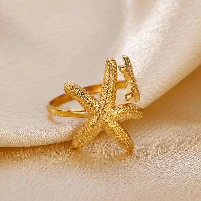 Stainless Steel Starfish Open Rings For Women Gold Color  Geometric Adjustable Ring Wedding Party Fashion Jewerly Gift anillos