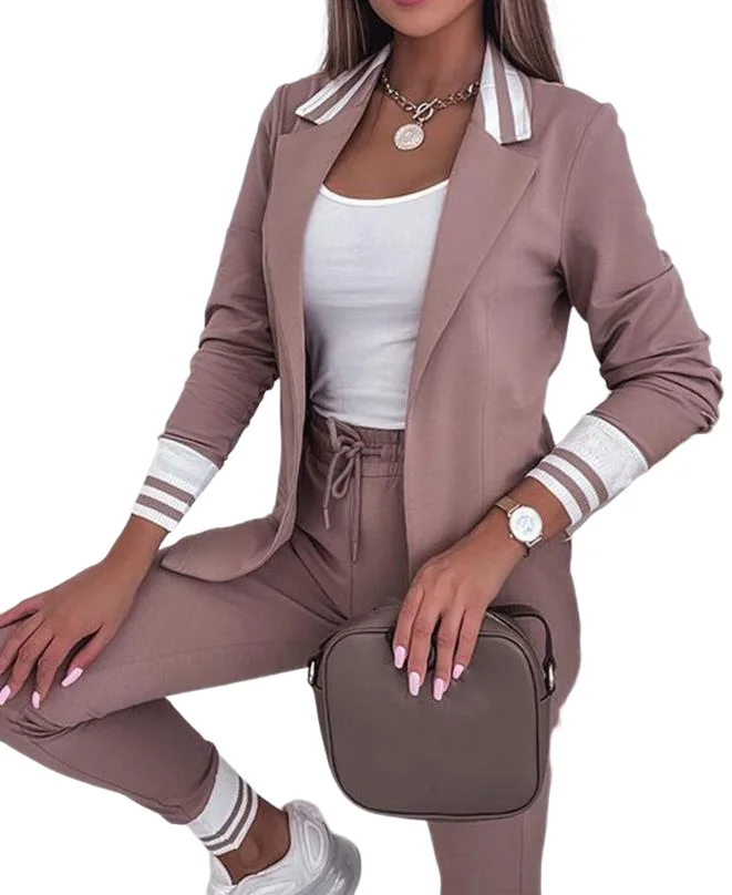 Women Blazer Sets 2023 Autumn Two Piece Set Striped Notched Collar Blazer Coat & Drawstring Pants Set Temperament Commuting