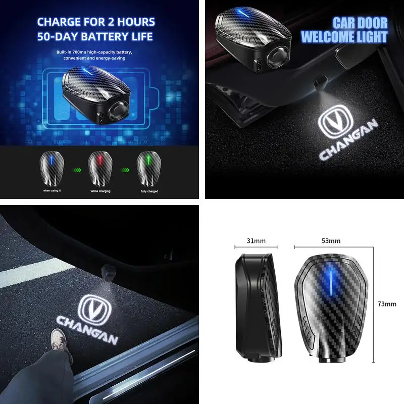 2Pcs Waterproof LED Welcome Projector Lights Wireless Rechargeable Door Lamp Fit Changan CS75 Plus CS35 CS15 CS95