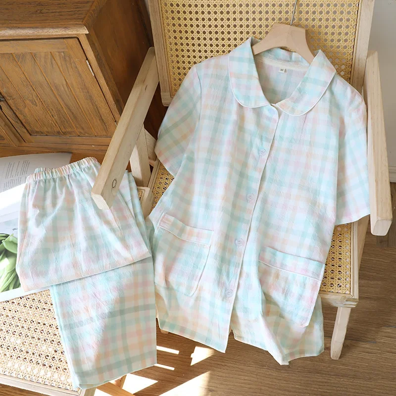 

Женская пижама из 100% хлопчатобумажной пряжи, новинка 2025 года, летняя женская пижама, шорты с короткими рукавами, комплект из 2 предметов, женская домашняя одежда с круглым вырезом