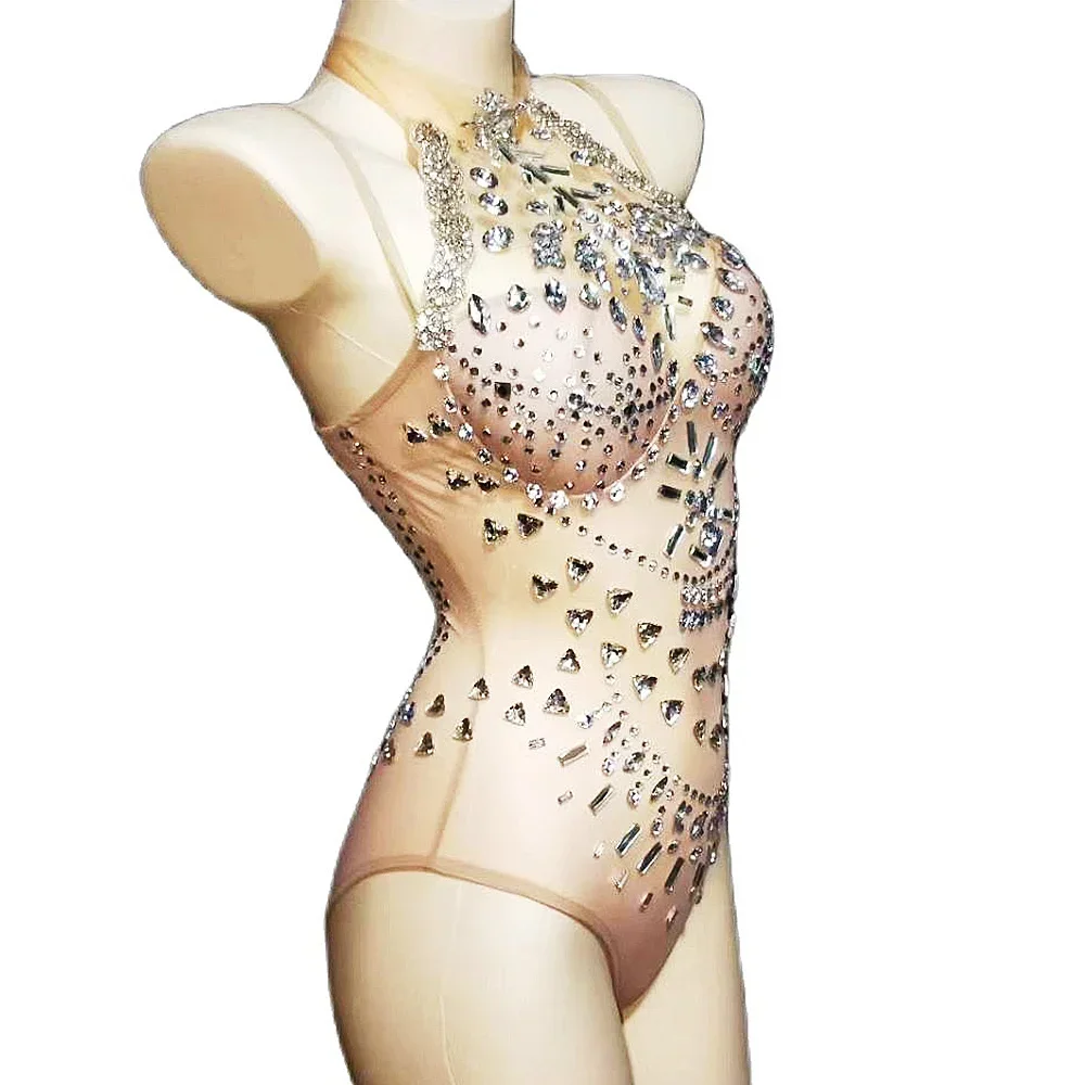 2025 kobiety lśniące diamenty naga siatka rozciągliwe body bez rękawów Halter trykot klub nocny piosenkarka pokaz tancerza strój sceniczny