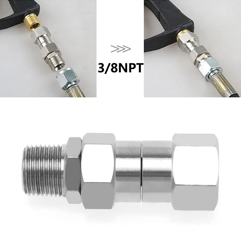 

Поворотный фитинг для мойки высокого давления 3/8 NPT, поворотный на 360° без ударов ° Поворотный шланговый соединитель для пистолета для мойки высокого давления устраняет шланговые кинки