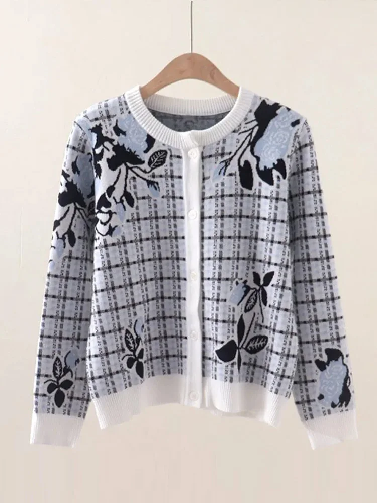 

Корейский клетчатый вязаный кардиган, женский свитер, зима 2025 года, топы с длинными рукавами и круглым вырезом, трикотаж, стильные шикарные модные женские джемперы