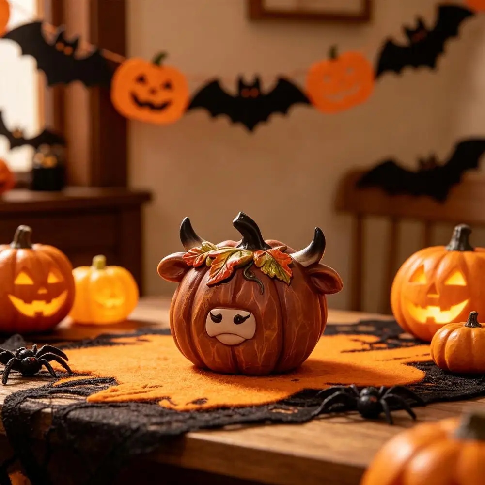 

Compact Fall Decoration Highland Cow Figurines Autumn Harvest Decorations Hand-painted Resin Pumpkin Statues Thanksgiving