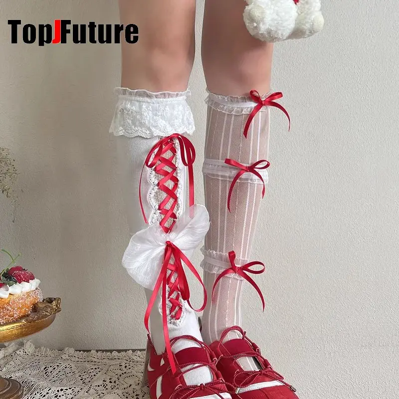 Gothic Lolita Bow Lace Ruffle Stockings Christmas Y2K Girl Stocking Women's Uniform Student Over knee JK Socks Cute Leg Ring
