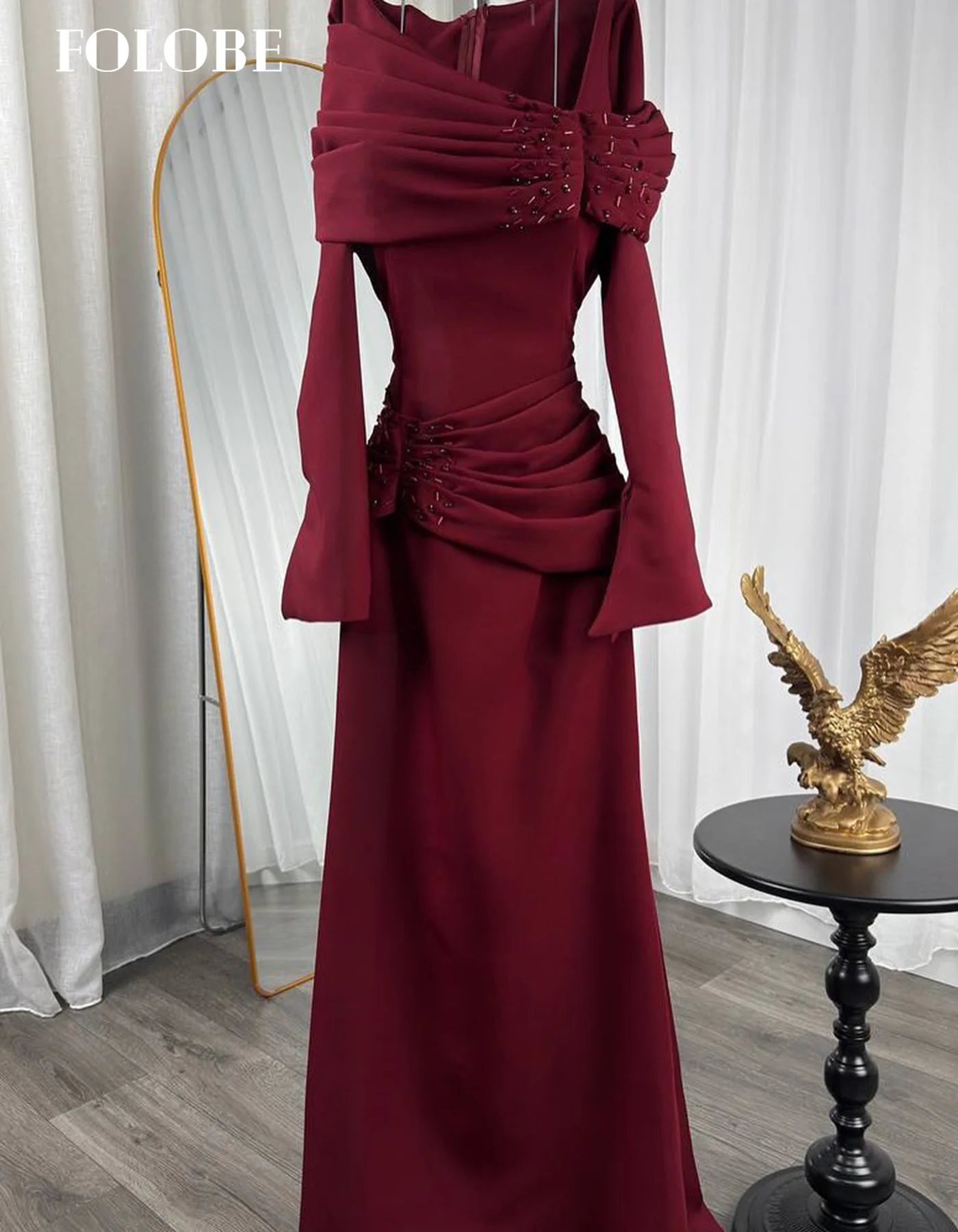 فستان سهرة FOLOBE باللون العنابي بأكمام طويلة مطوي حورية البحر مطرز بالخرز فساتين حفلات أنيقة للنساء فستان زفاف حورية البحر مخصص #5