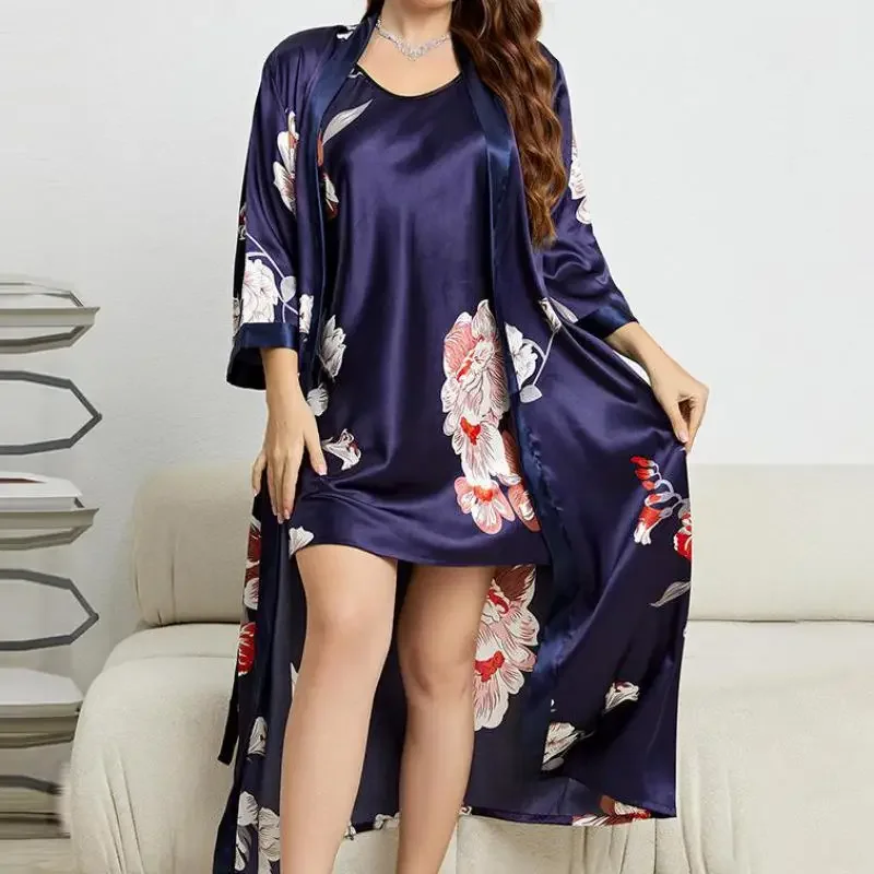 XL-5XL Large Size Bathrobe Gown Suit Summer Women Sleepwear Nighty&robe Set Nightwear Nightgown Satin Home Dress Lounge Wear