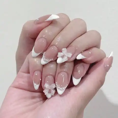 24 pieces wearing nail almond shape white French pointed pearl bow removable nail patch fake nail nails
