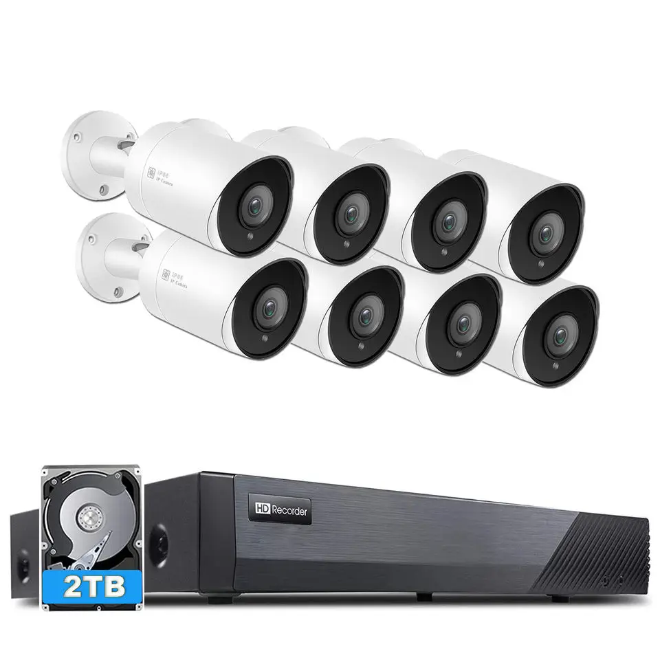 

Hot Selling 8+8 8CH 4K POE NVR CCTV Security Camera System Kit with 8pcs 5MP IP Bullet Camera 2TB HDD