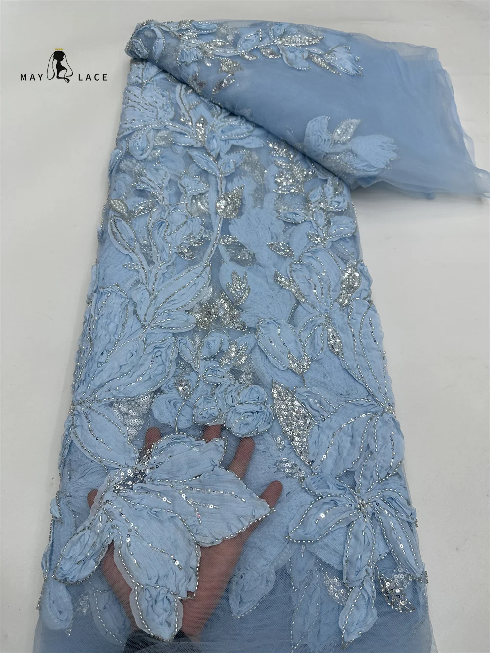 

Newest Luxury Heavy Bead Lace High Quality Net African Sequin Lace Fabric 3D Embroidery 2025 Dresses for Wedding Bridal Women