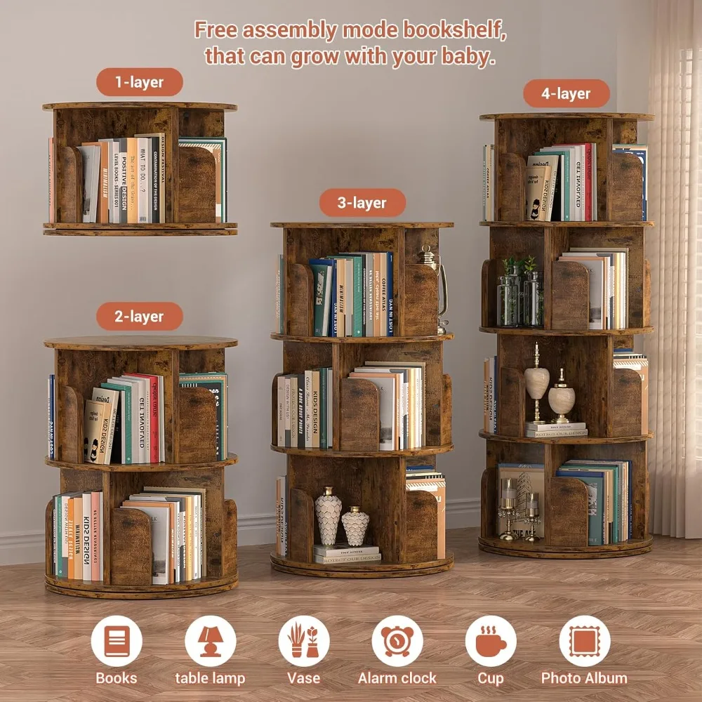 Rotating Bookshelf, Corner Bookshelf, 360 Display Wood Spinning Bookcase Storage Rack, Floor Standing Revolving Bookcase Narrow