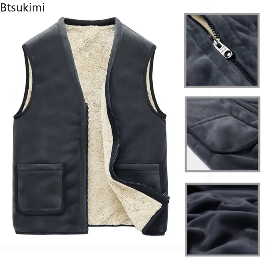 New Men's Thicken Lamb Fleece V-neck Vests Autumn Winter Warm Zipper Vest Coat Casual Sleeveless Pocket Jacket Waistcoat for Men
